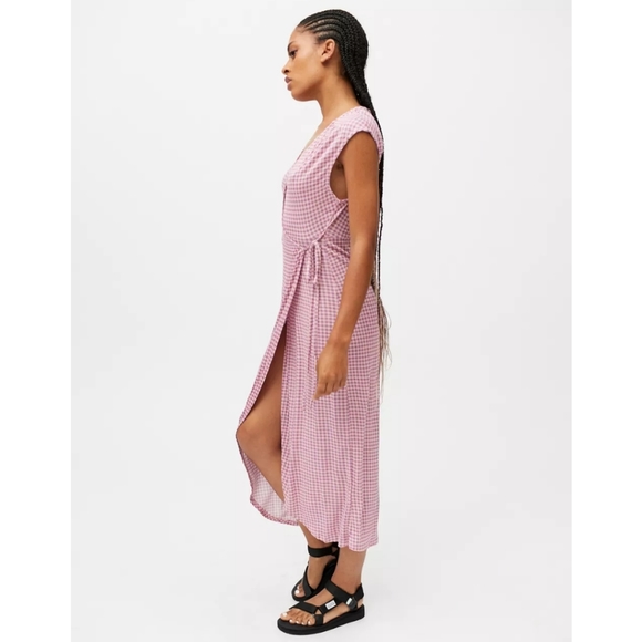 Urban Outfitters Zina Pink Check Sleeveless Wrap Midi Dres - Picture 4 of 15